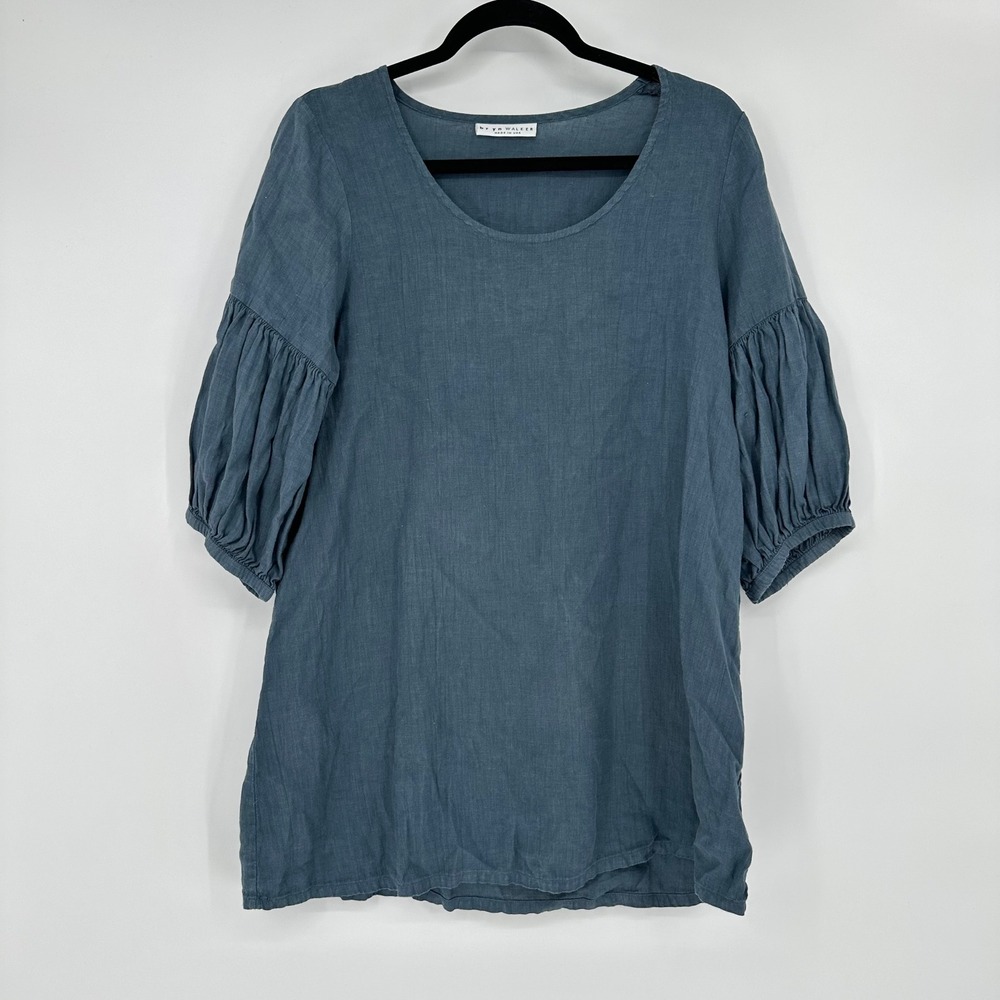 Bryn Walker Blue Linen Balloon Lantern Tunic 3/4 Top Minimalis Lagenlook Boho XS